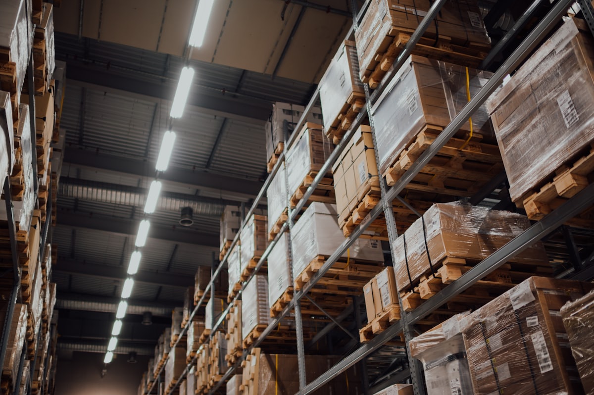 Warehouse racking and boxes